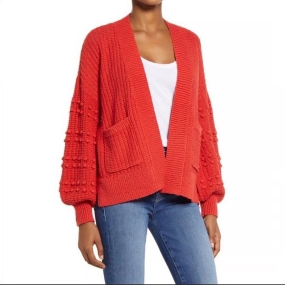 Madewell Bobble Pom Pom Cardigan Red Cotton Oversized Long Sleeve Sweater